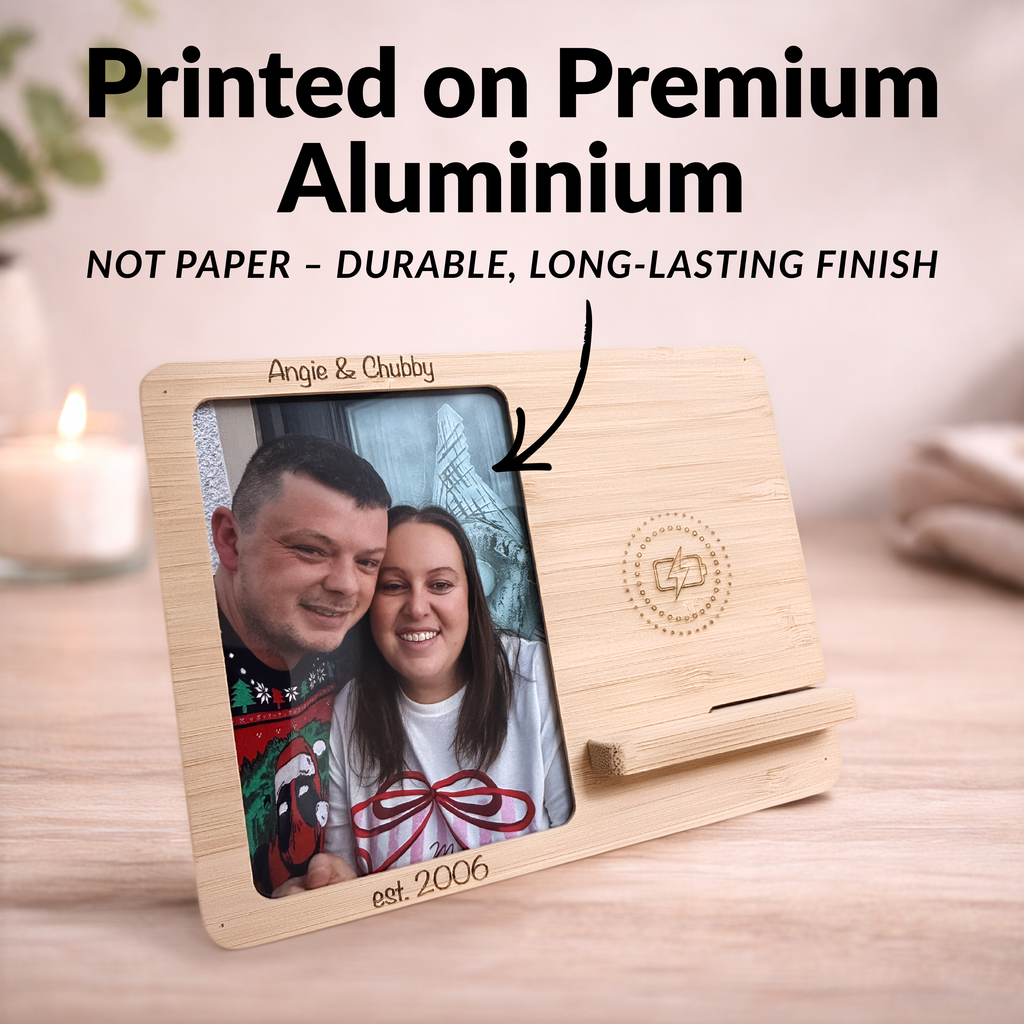 Personalised Photo Wireless Charger – Bamboo Phone Stand with Custom Aluminium Print