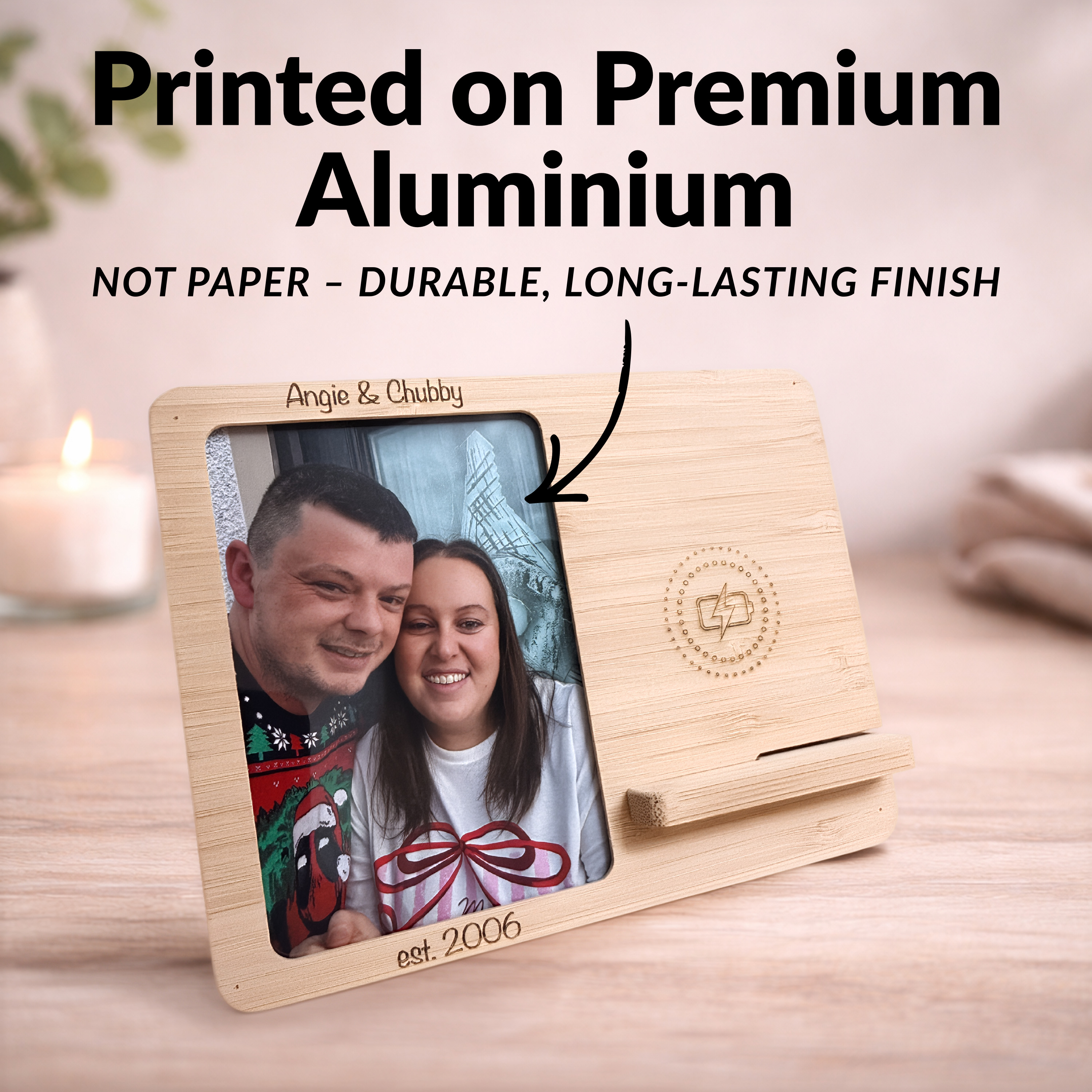 Personalised Photo Wireless Charger – Bamboo Phone Stand with Custom Aluminium Print